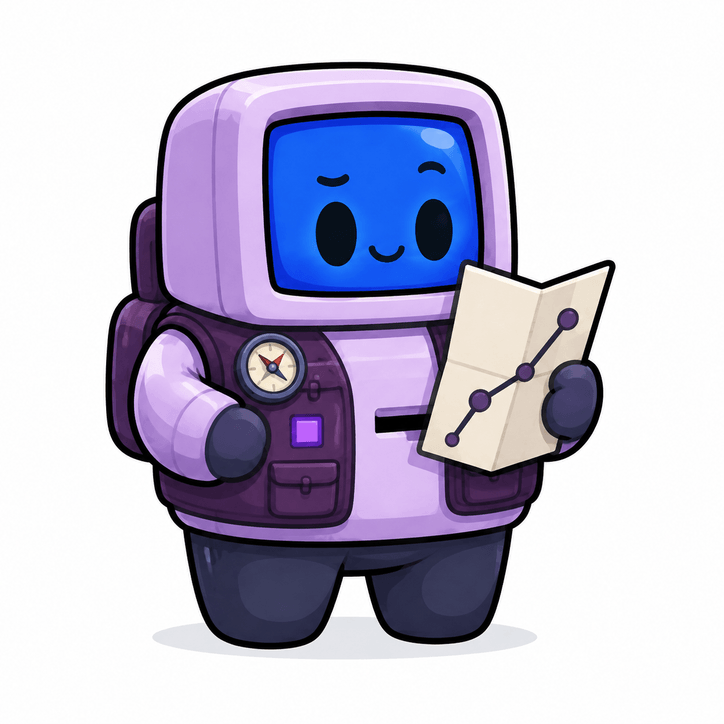 Lavender computer character with a compass and a strategy map
